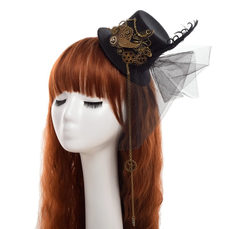 BLESSUME Mini Top Hat Party Hat Dancing Cocktail Feather Veil Hair Clip (Black 1) - Image 3
